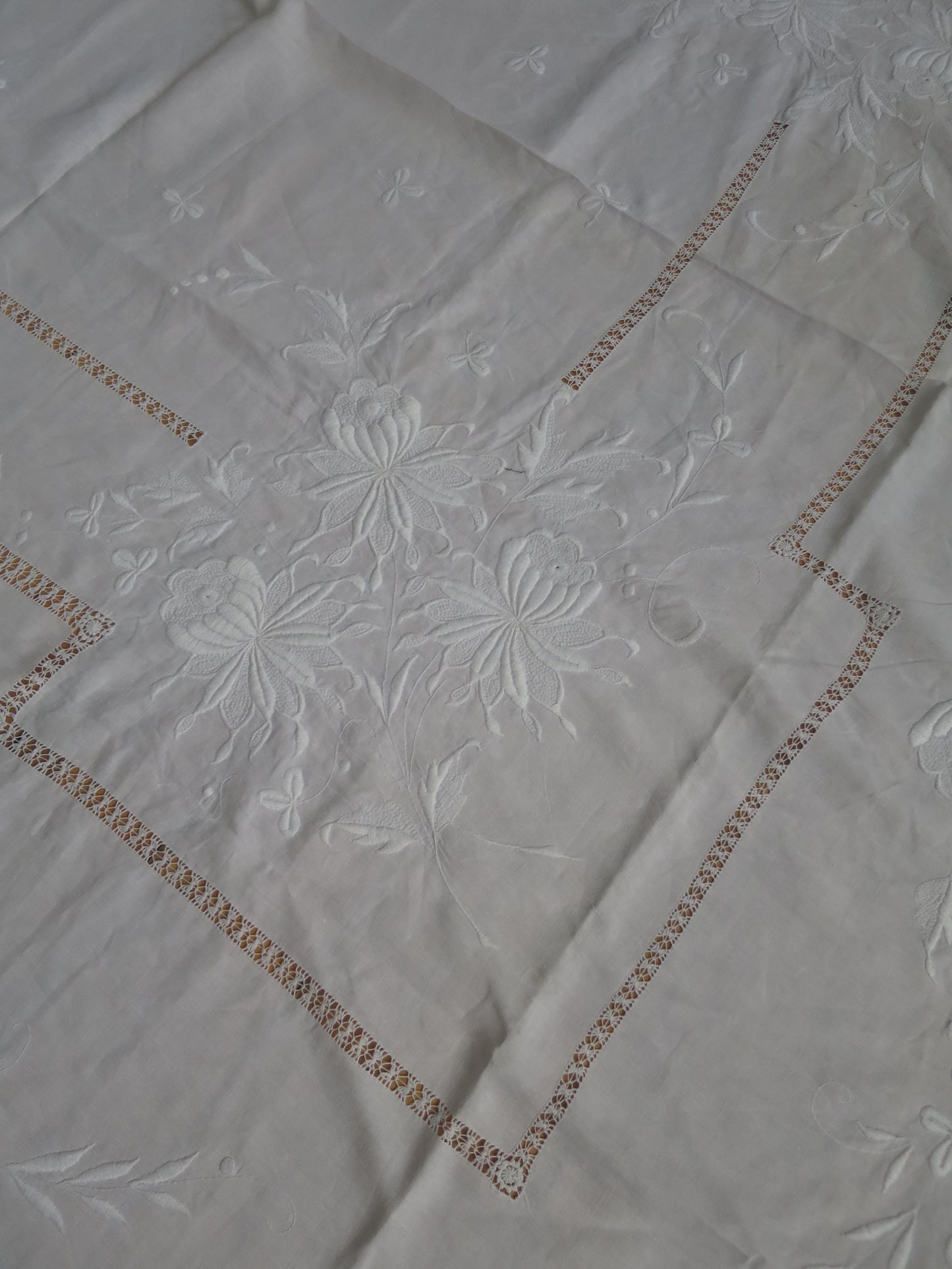 Antique Victorian Irish Linen Bedspread- Whitework Embroidery & Drawn Thread Work