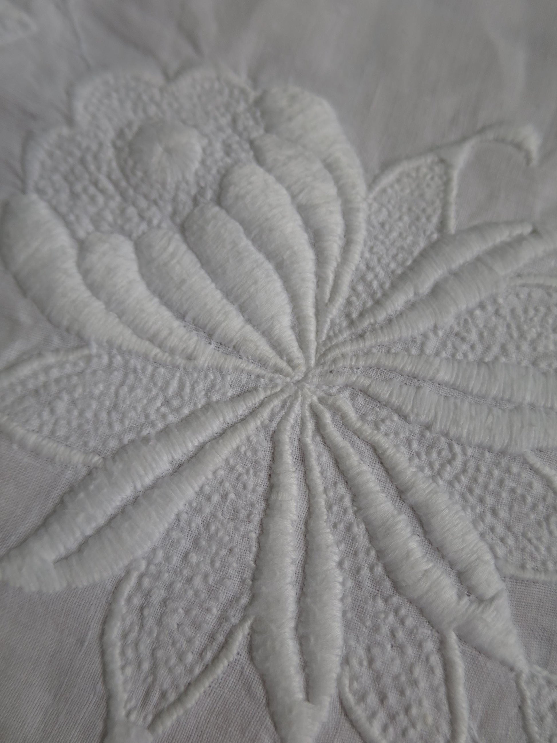 Antique Victorian Irish Linen Bedspread- Whitework Embroidery & Drawn Thread Work