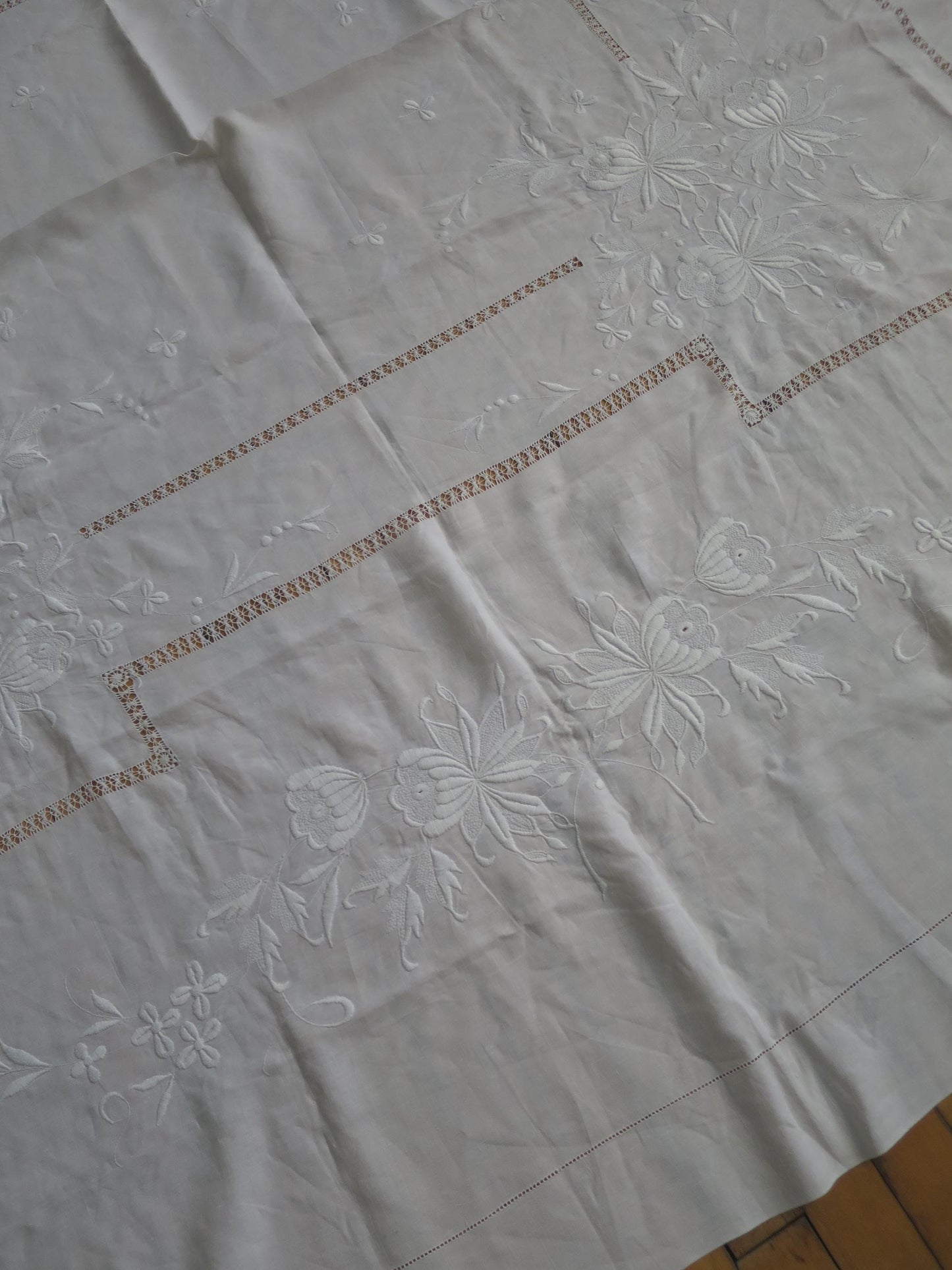 Antique Victorian Irish Linen Bedspread- Whitework Embroidery & Drawn Thread Work