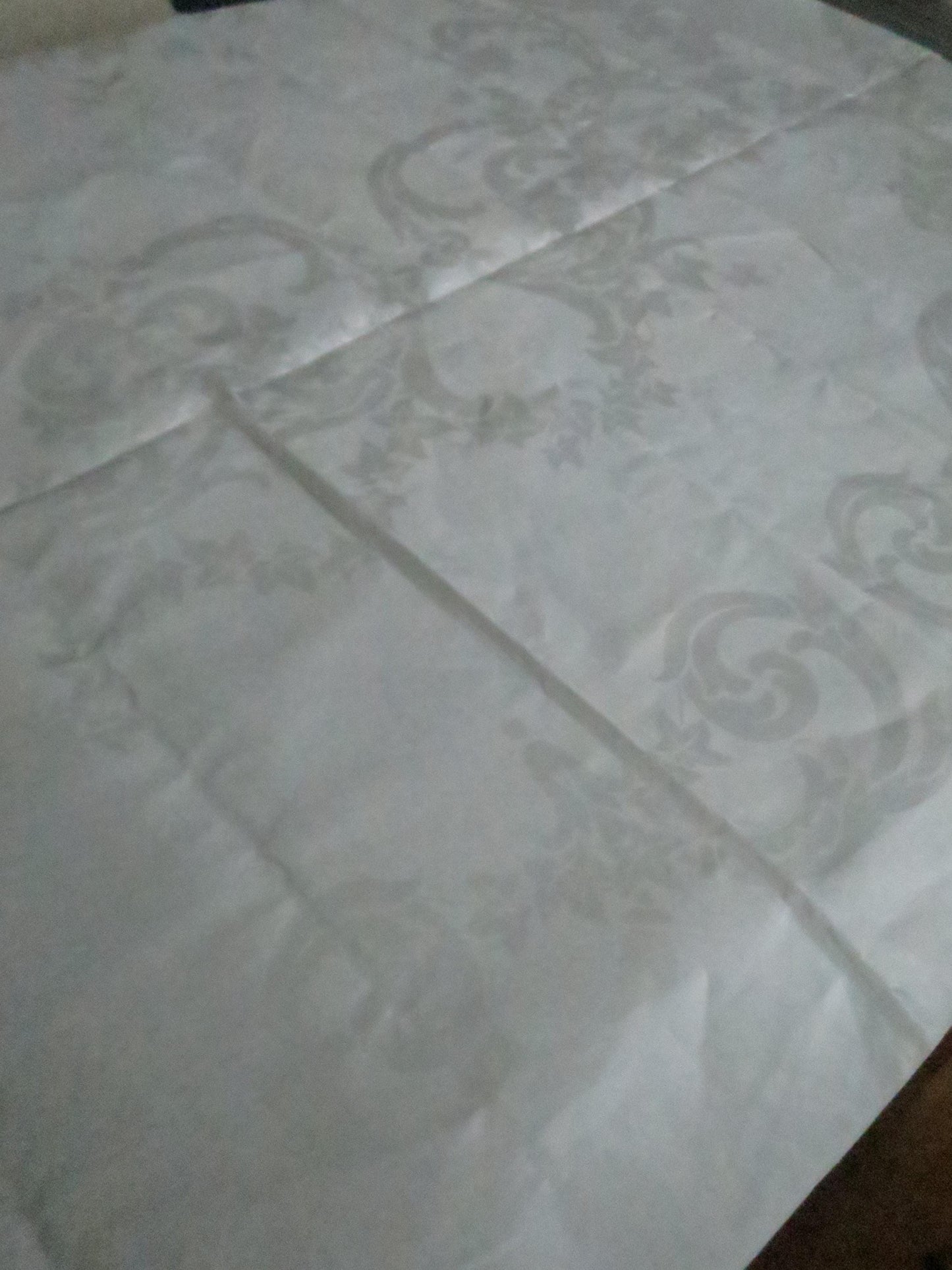 Antique Unused Irish Linen Damask Table Cloth- Ivy Leaves and Scrolls- 274 x 223 cm / 108 x 88 "