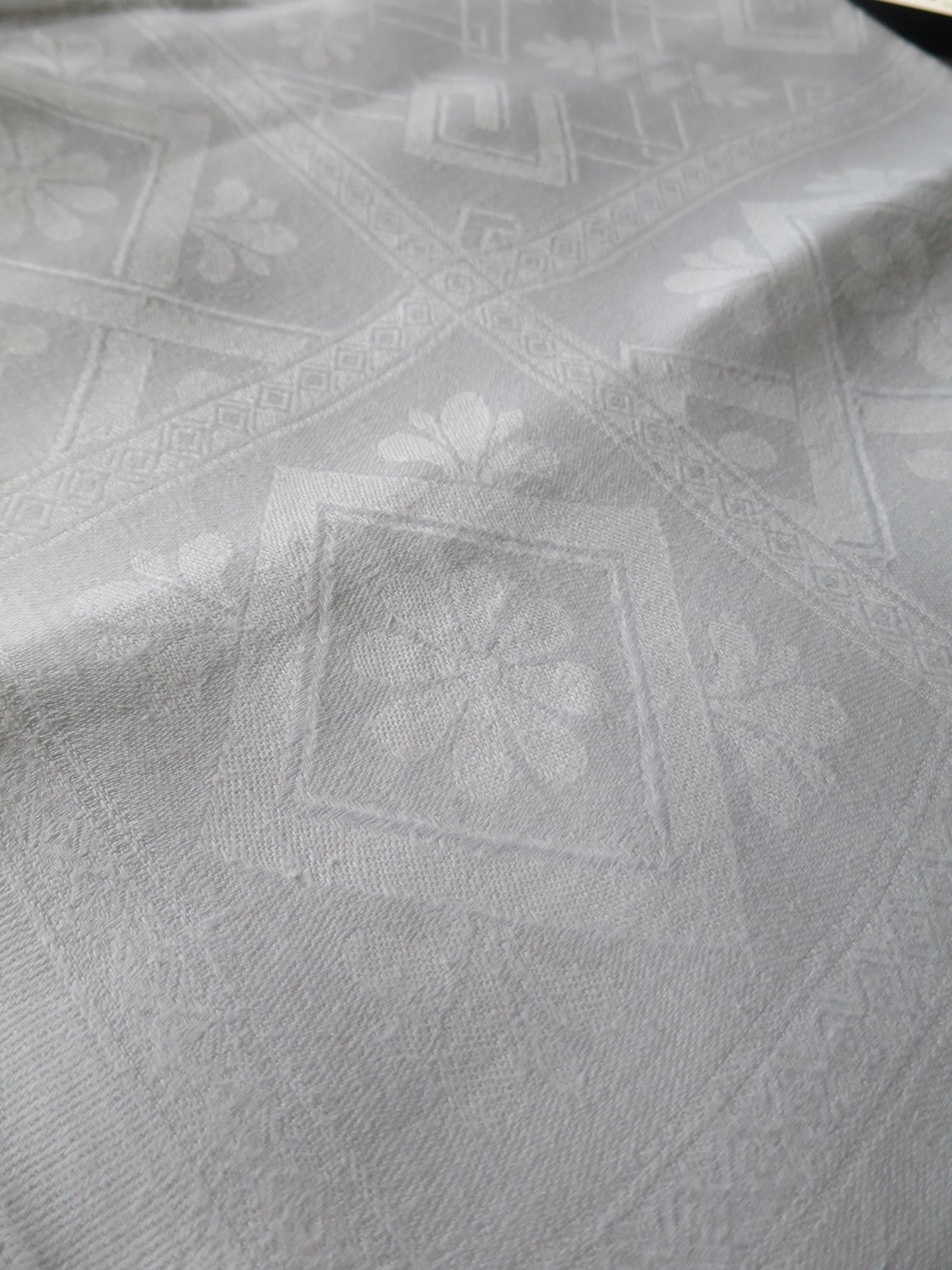 Vintage Linen Damask Table Cloth- Geometric Design- 168 x 164 cm/ 64 x 66 "