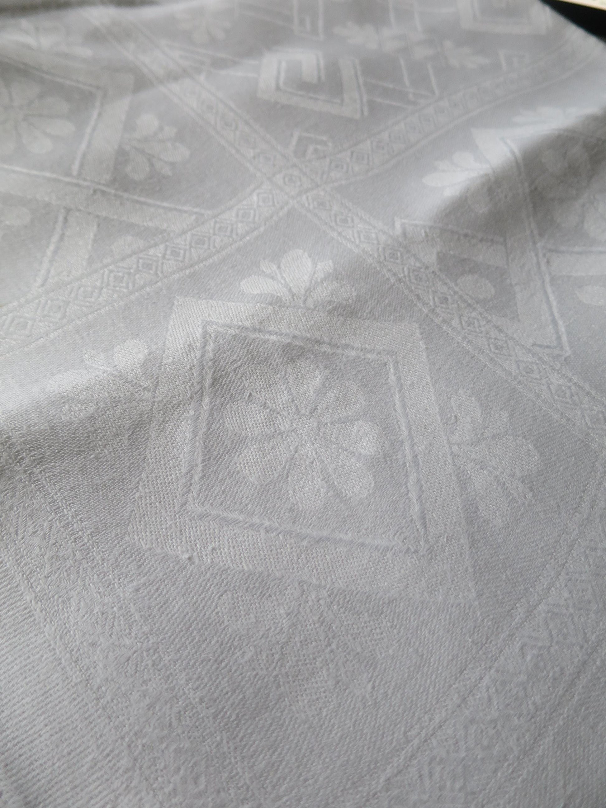 Vintage Linen Damask Table Cloth- Geometric Design- 168 x 164 cm/ 64 x 66 "