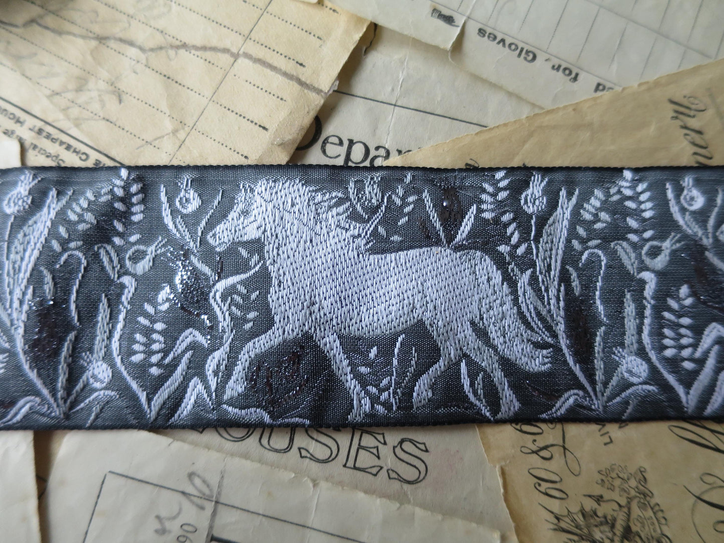 Wild Horses 50 mm Jacquard Woven Ribbon- Grey White & Silver