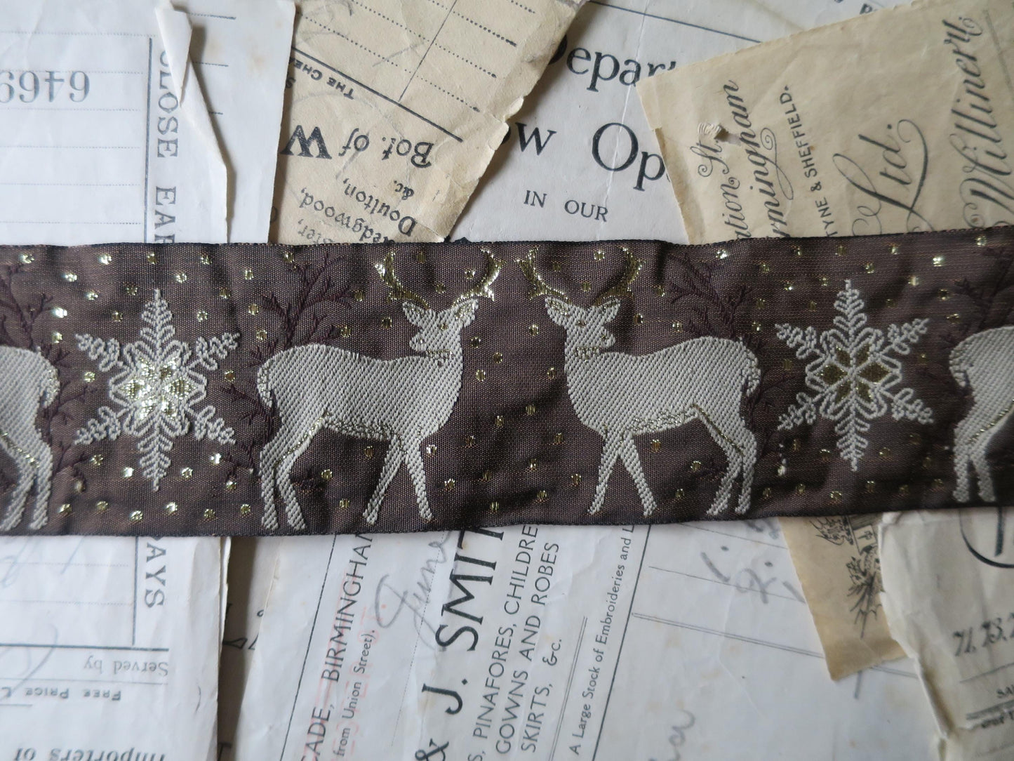 Christmas Deer 50 mm Jacquard Woven Ribbon- Gold & Brown