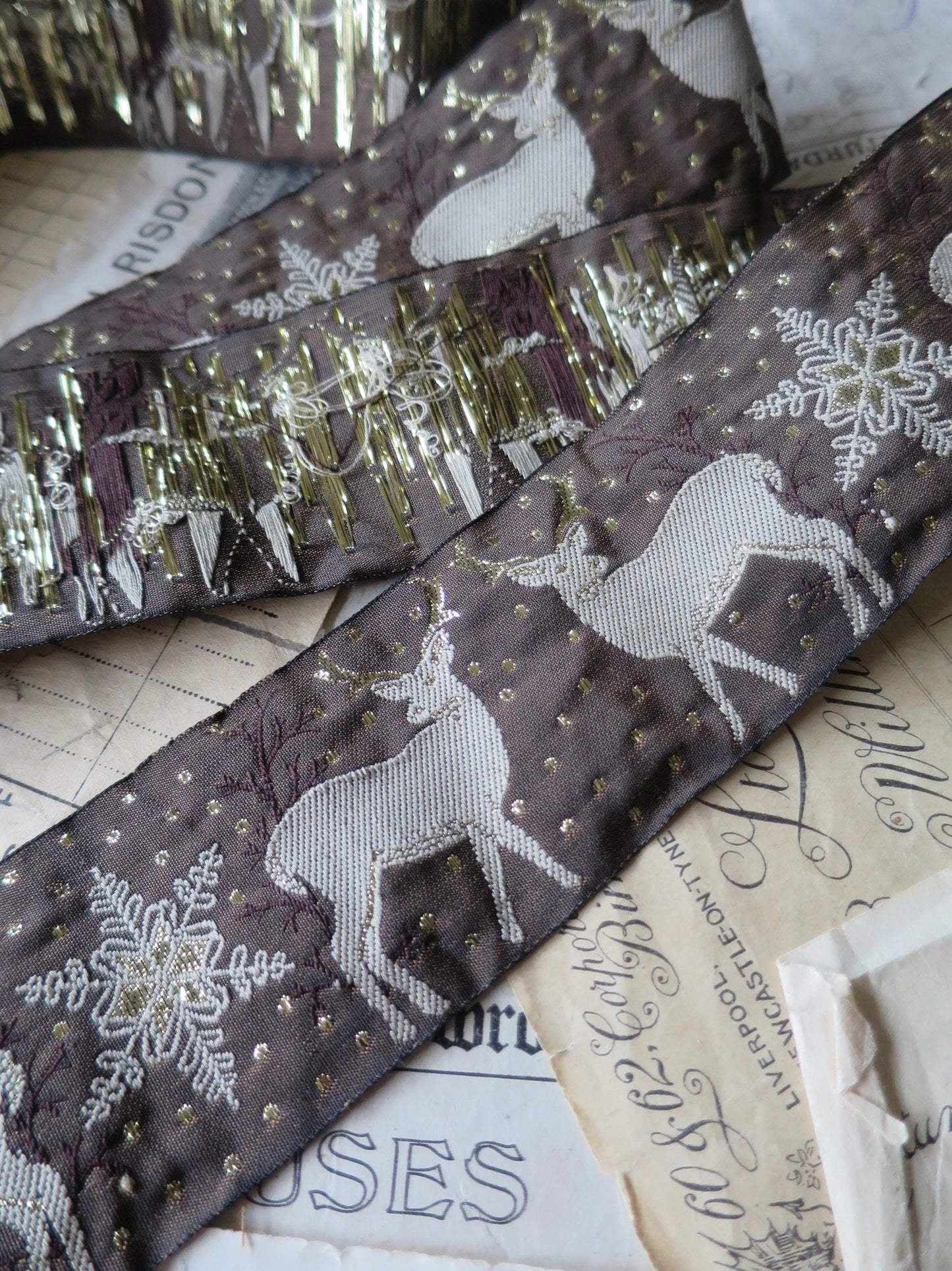 Christmas Deer 50 mm Jacquard Woven Ribbon- Gold & Brown