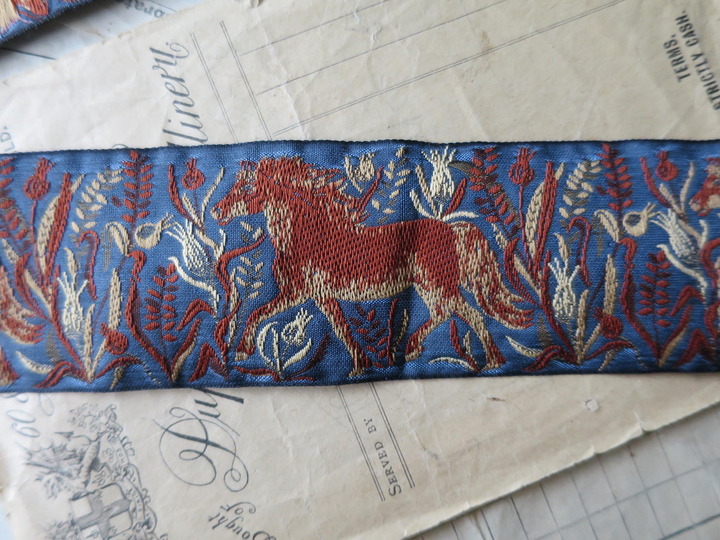 Wild Horses 50 mm Jacquard Woven Ribbon- Blue & Rust