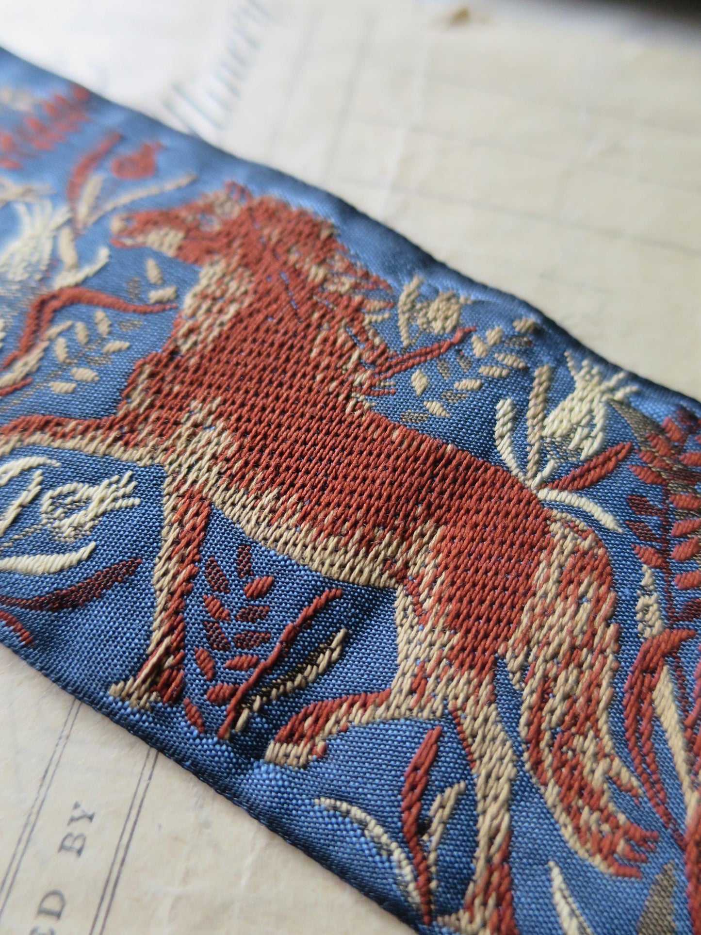 Wild Horses 50 mm Jacquard Woven Ribbon- Blue & Rust