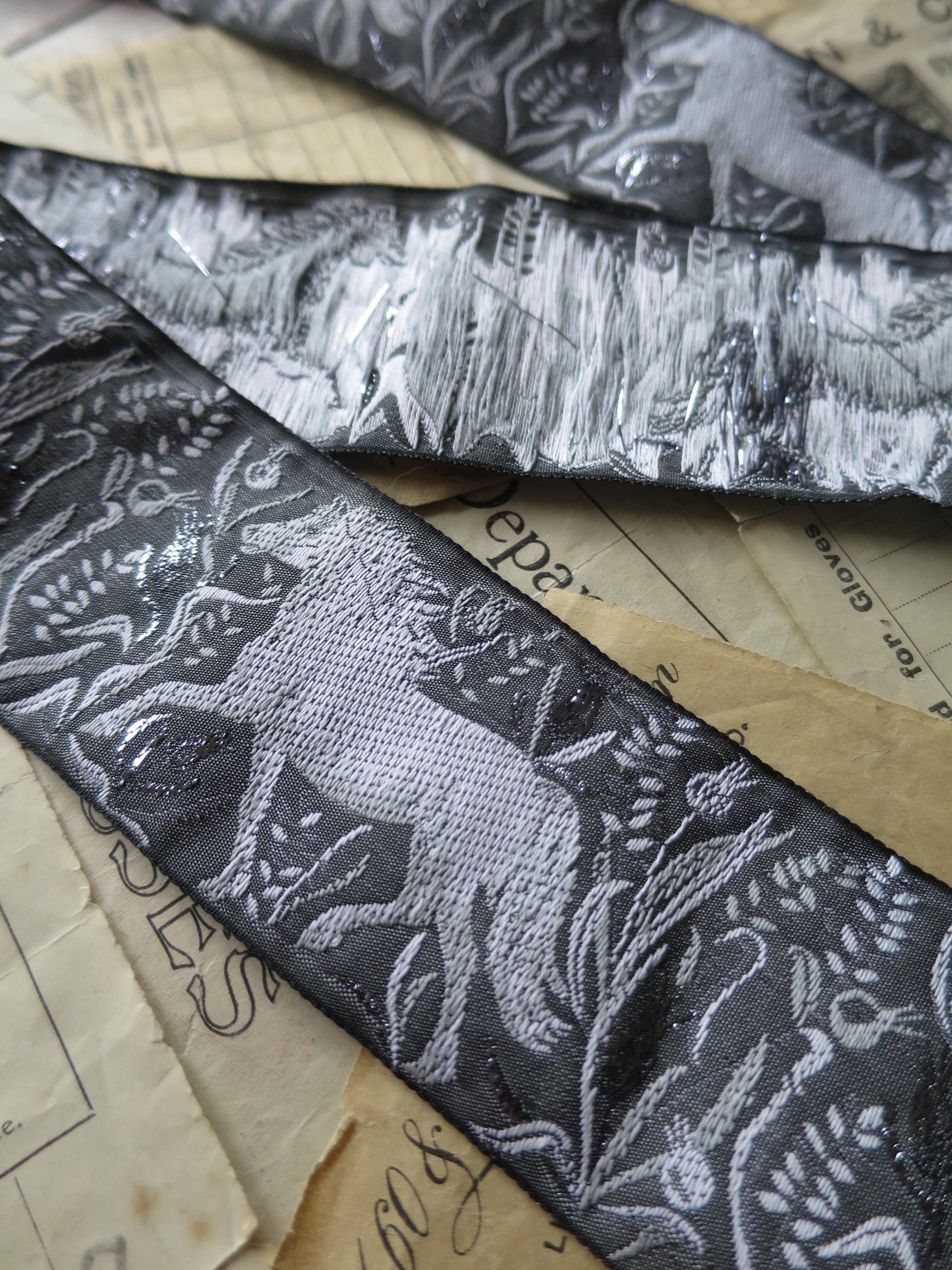 Wild Horses 50 mm Jacquard Woven Ribbon- Grey White & Silver