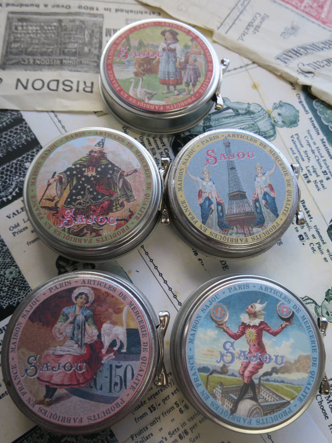 Sajou Tins of Pins- Murano Glass Head, Triangular Quilting, Extra Fine No.4, Fine No.5, Heavy Weight No.12