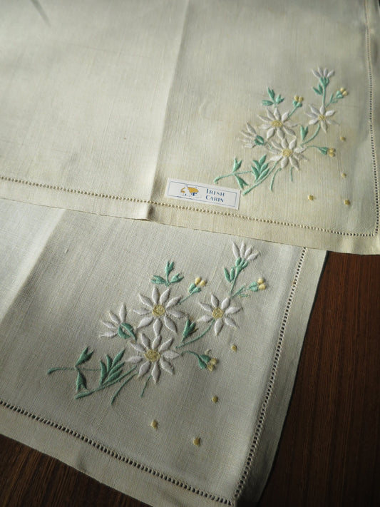 Pair Unused Vintage Pale Yellow Irish Linen Tray Cloths- Floral Embroidery